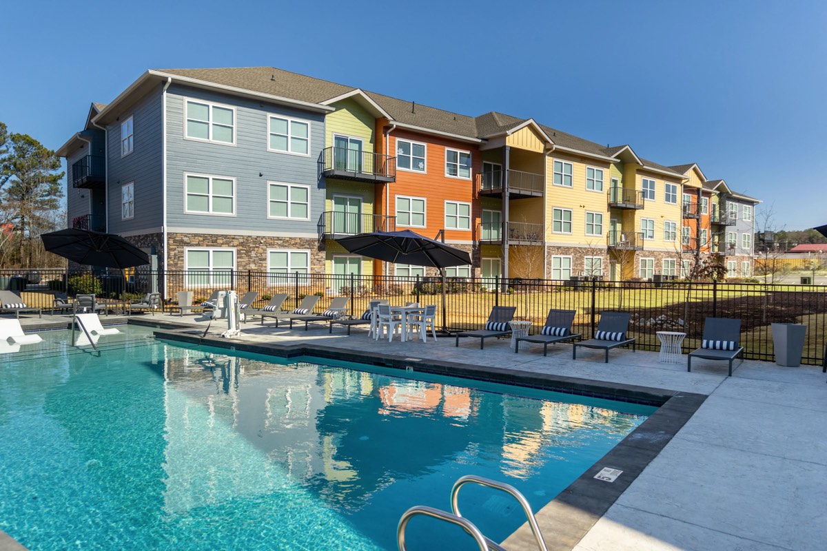 Pool and buildings at golden hour